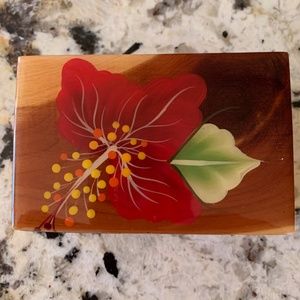 Cedar Wood Trinket Box w/ Hand Painted Hibiscus Flower Top